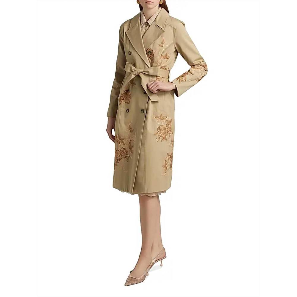 NEW L'AGENCE venus floral-embroidered double-breasted trench coat in tan khaki e